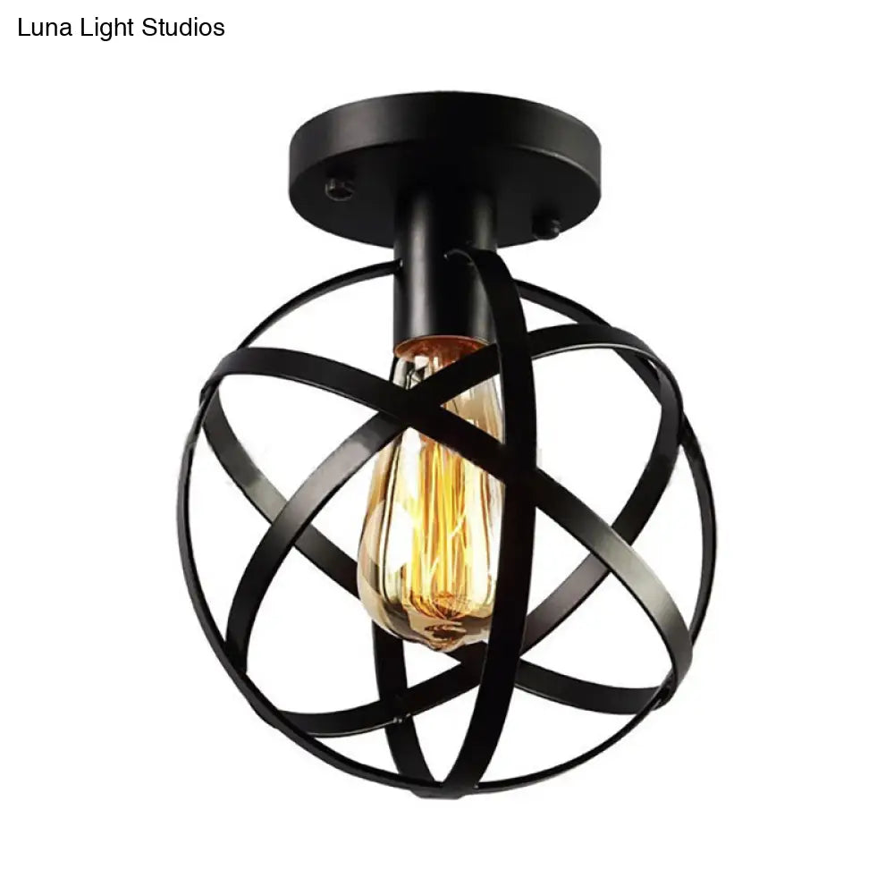 Industrial Black Metal Semi Flush Cage Shade Ceiling Lamp