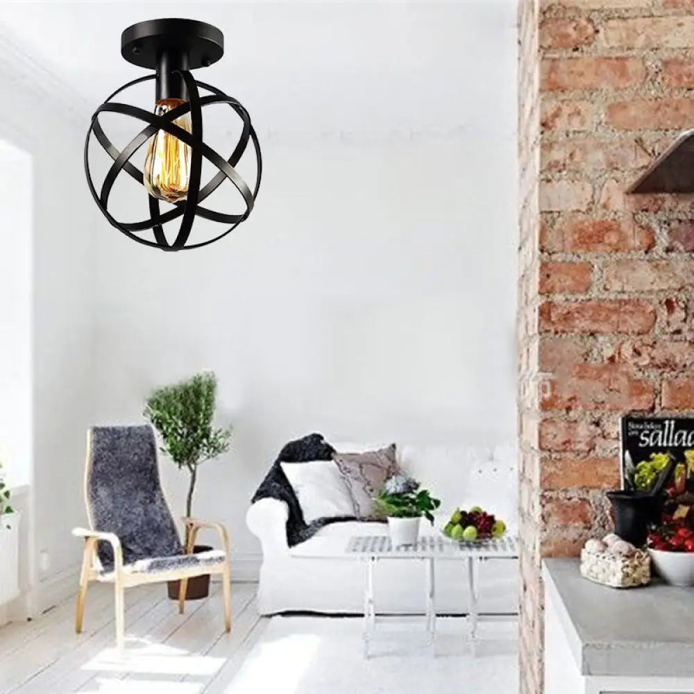 Industrial Black Metal Semi Flush Cage Shade Ceiling Lamp