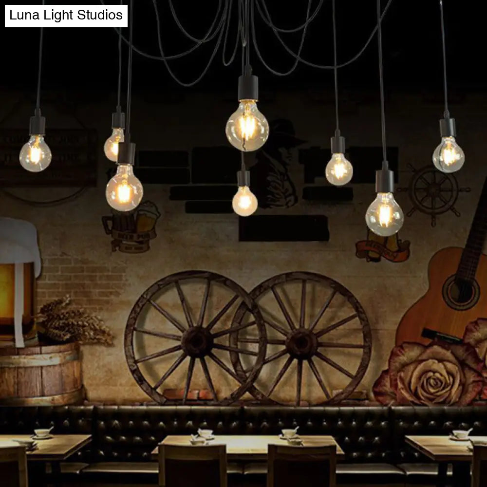 Industrial Black Metal Spider Ceiling Lamp With 8 Bulbs - Swag Pendant Lighting For Restaurants