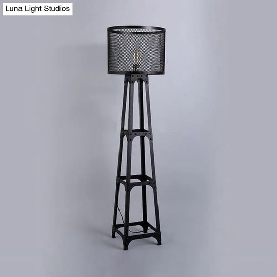 Industrial Black Metal Standing Floor Light With Mesh Screen And Drum Shade