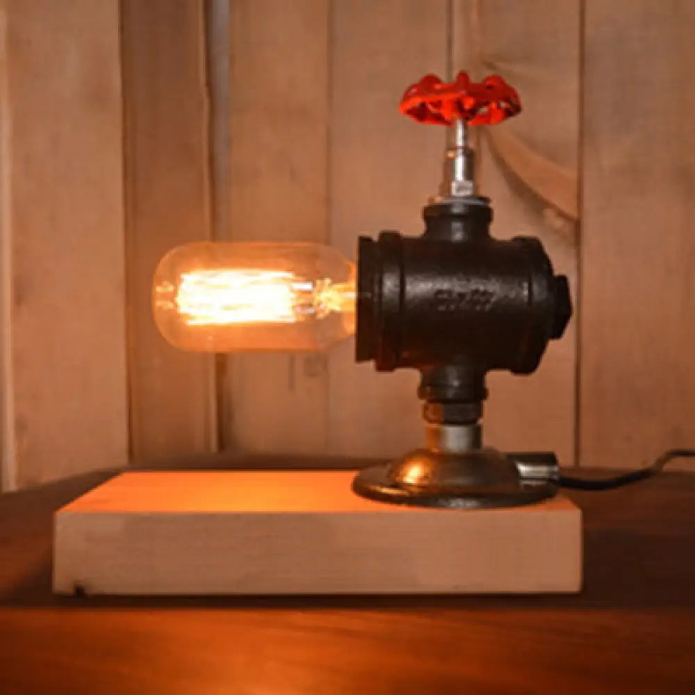 Industrial Black Metal Table Light With Valve Wheel And Wooden Base - Minimalist Design