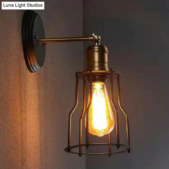 Industrial Black Metal Wall Lamp With Swivel Arm And Cage Shade