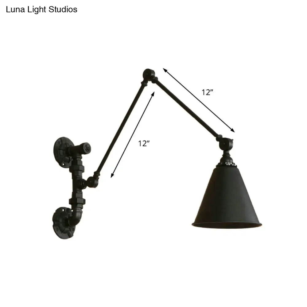 Industrial Black Metal Wall Mount Swing Arm Sconce With Cone Shade - Stylish Lighting Fixture