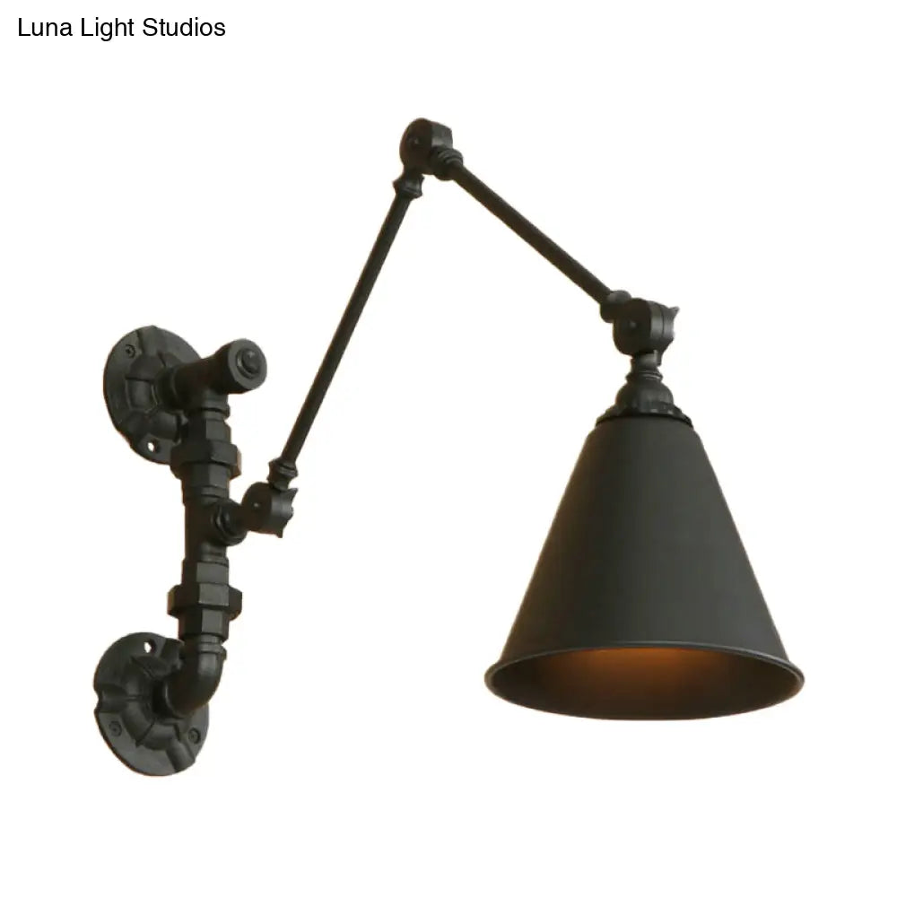 Industrial Black Metal Wall Mount Swing Arm Sconce With Cone Shade - Stylish Lighting Fixture