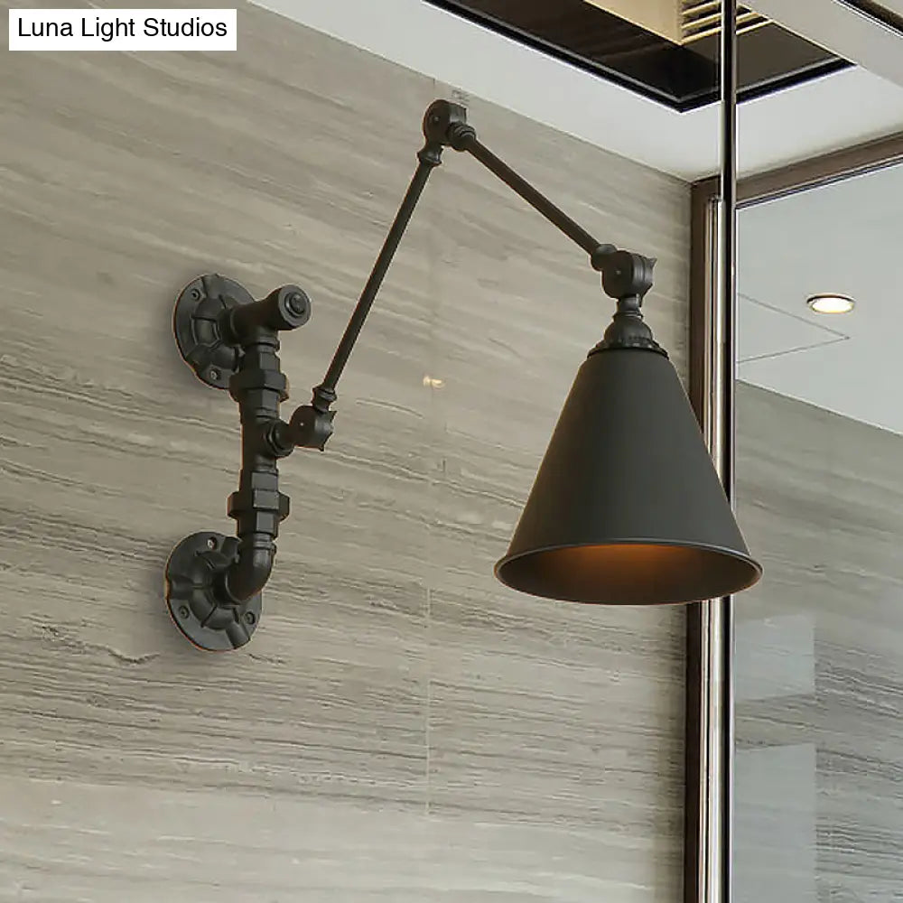 Industrial Black Metal Wall Mount Swing Arm Sconce With Cone Shade - Stylish Lighting Fixture