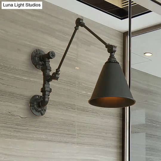 Industrial Black Metal Wall Mount Swing Arm Sconce With Cone Shade - Stylish Lighting Fixture