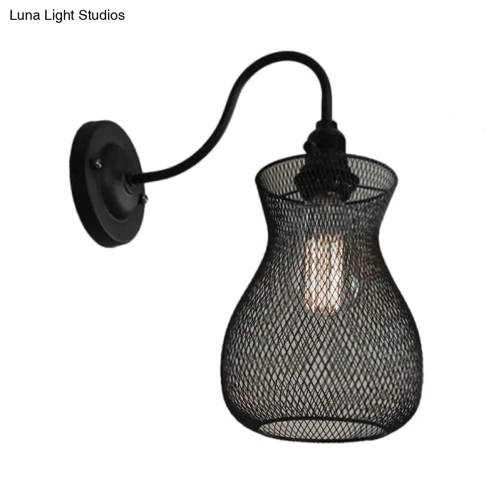 Industrial Black Metal Wall Sconce With Mesh Shade - Vase Shape Bulb Holder For Corridor