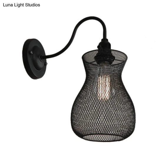 Industrial Black Metal Wall Sconce With Mesh Shade - Vase Shape Bulb Holder For Corridor