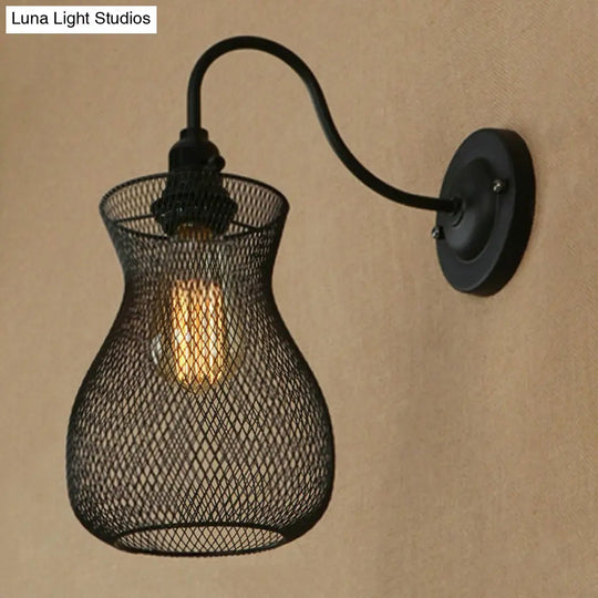 Industrial Black Metal Wall Sconce With Mesh Shade - Vase Shape Bulb Holder For Corridor