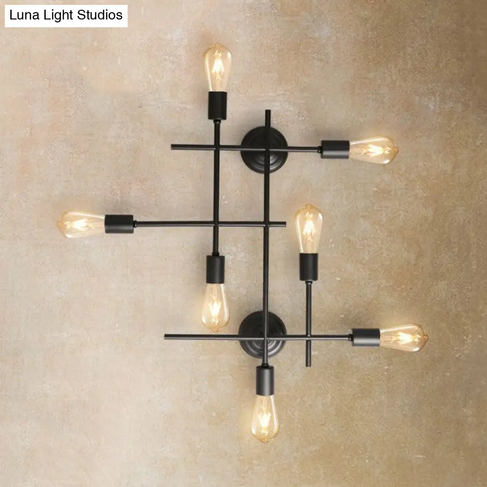 Industrial Black Metallic Cross Wall Sconce With Exposed Bulb - Multi Light Design For Table