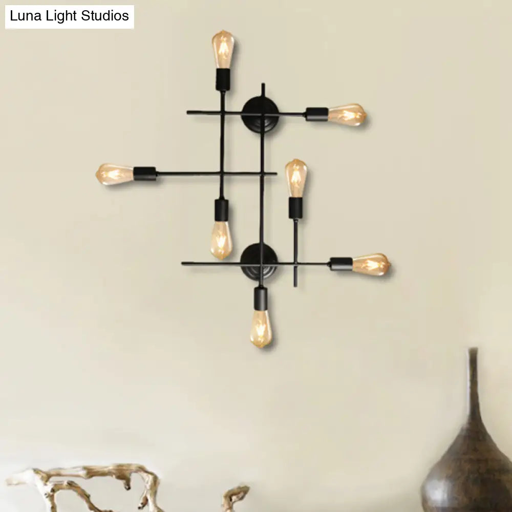 Industrial Black Metallic Cross Wall Sconce With Exposed Bulb - Multi Light Design For Table