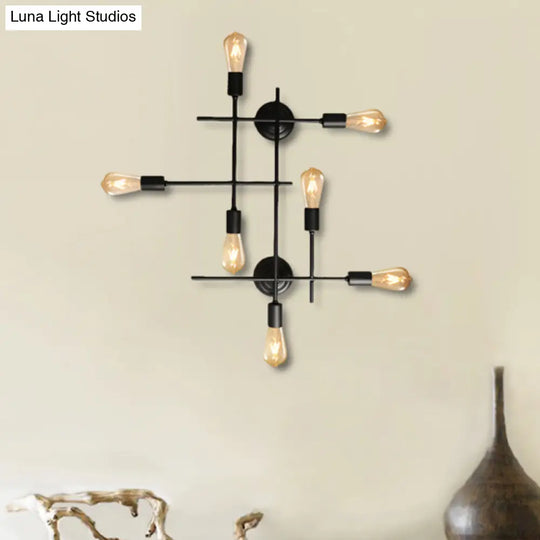 Industrial Black Metallic Cross Wall Sconce With Exposed Bulb - Multi Light Design For Table