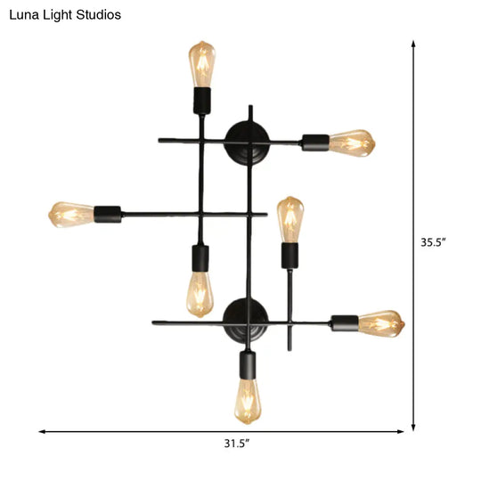 Industrial Black Metallic Cross Wall Sconce With Exposed Bulb - Multi Light Design For Table