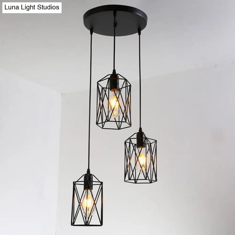 Industrial Black Metallic Pendant Lamp With 3 Heads Cylinder Cage - Ideal For Restaurants / Round