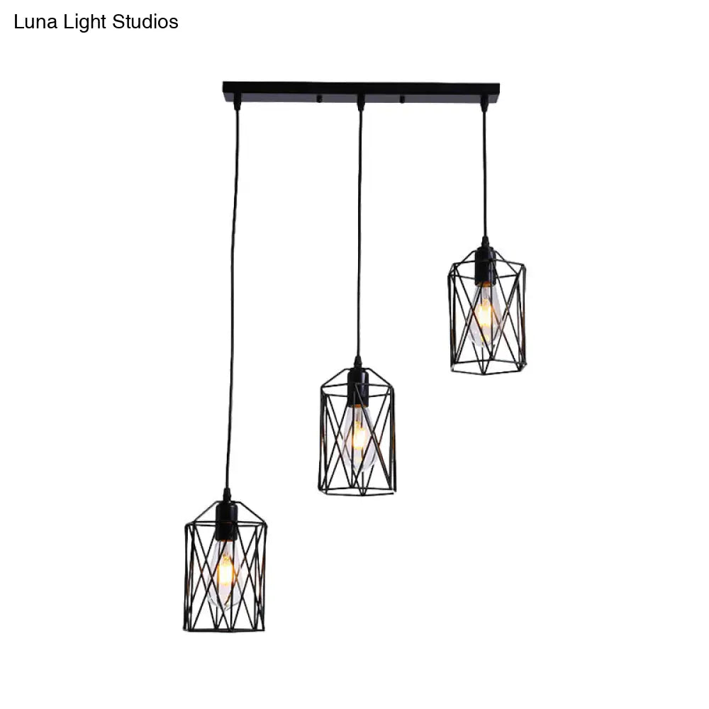 Industrial Black Metallic Pendant Lamp With 3 Heads Cylinder Cage - Ideal For Restaurants
