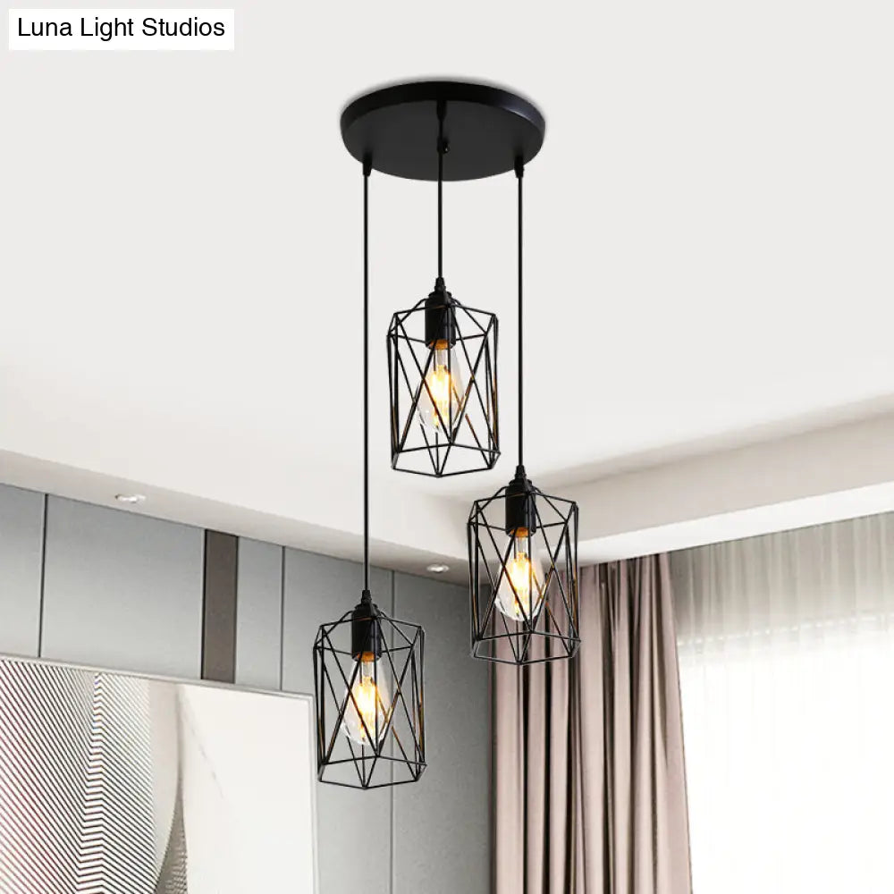 Industrial Black Metallic Pendant Lamp With 3 Heads Cylinder Cage - Ideal For Restaurants