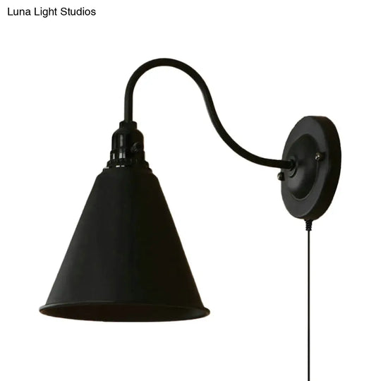 Industrial Black Metallic Wall Sconce With Plug-In Cord - Tapered Design 1 Light Ideal For Front