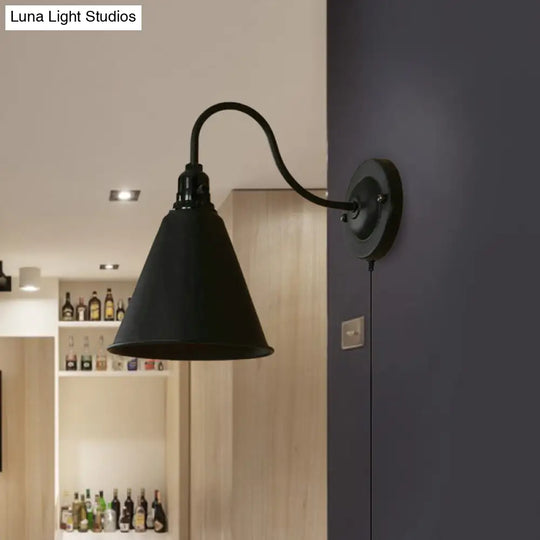 Industrial Black Metallic Wall Sconce With Plug-In Cord - Tapered Design 1 Light Ideal For Front