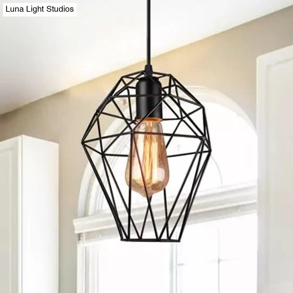 Industrial Black Wire Cage Pendant Light With Geometric Shade - Modern Ceiling Fixture