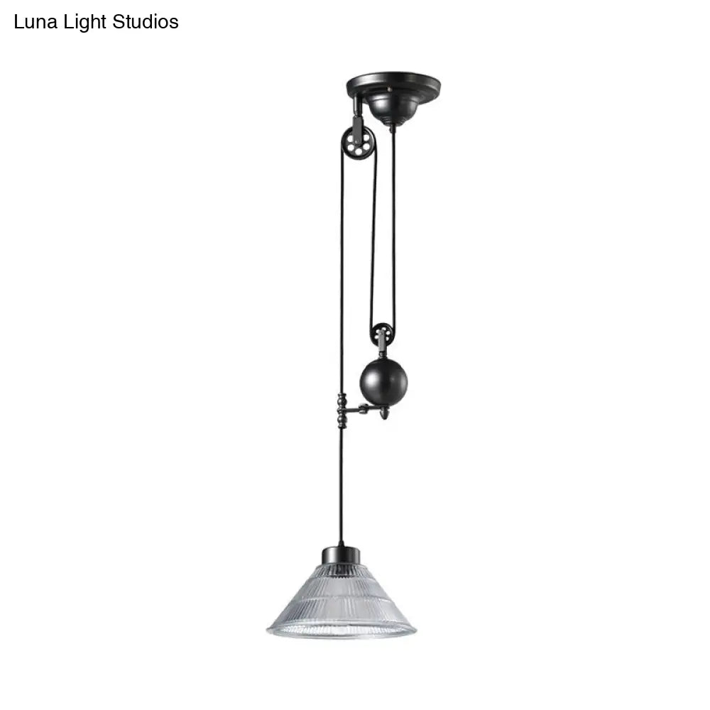 Industrial Black Pendant Lamp W/ Pulley - Clear Glass Cone Design Ceiling Hang Light