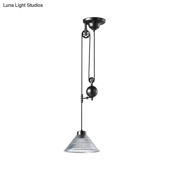 Industrial Black Pendant Lamp W/ Pulley - Clear Glass Cone Design Ceiling Hang Light