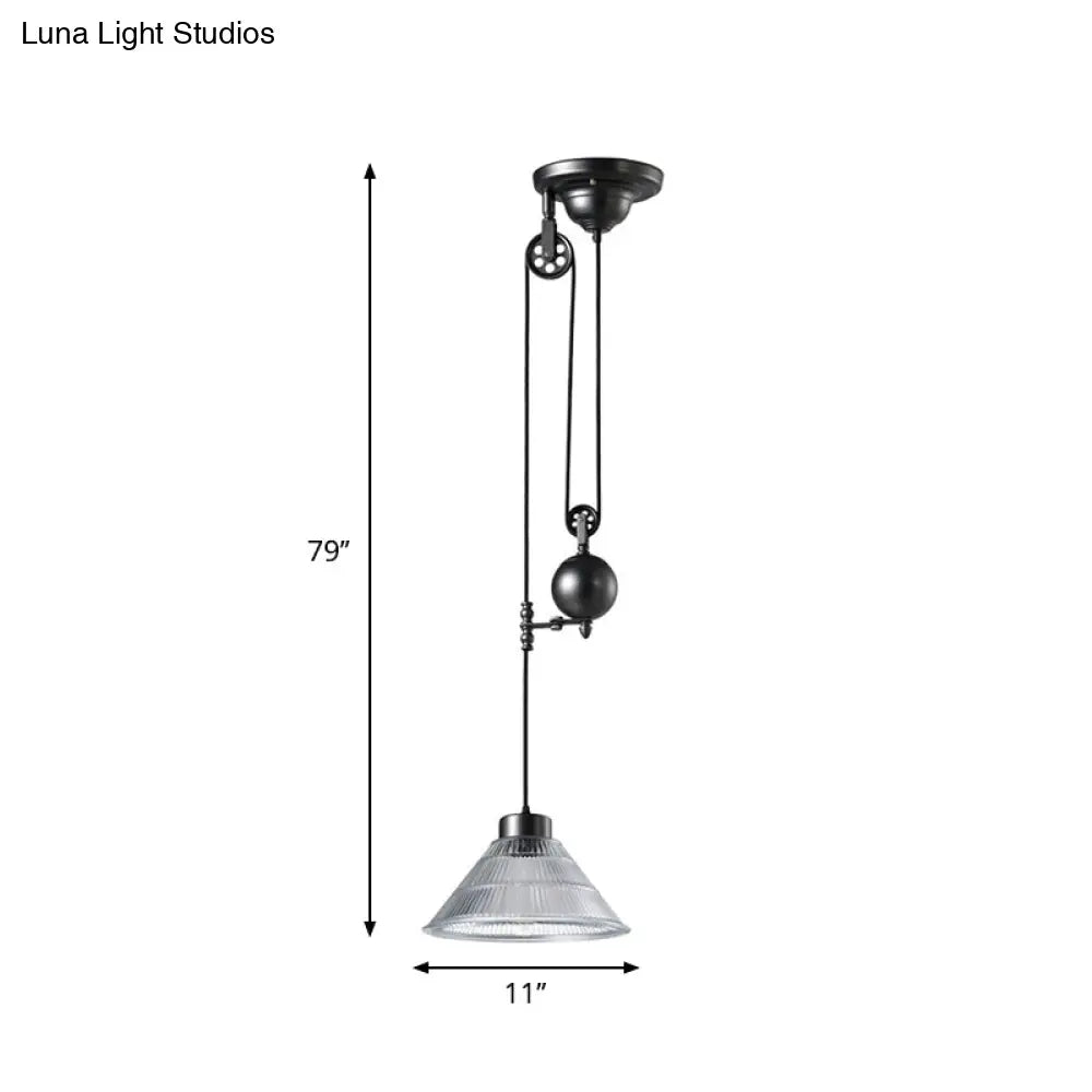 Industrial Black Pendant Lamp With Clear Glass Cone Shade And Pulley