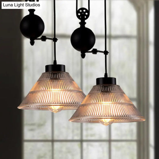 Industrial Black Pendant Lamp W/ Pulley - Clear Glass Cone Design Ceiling Hang Light