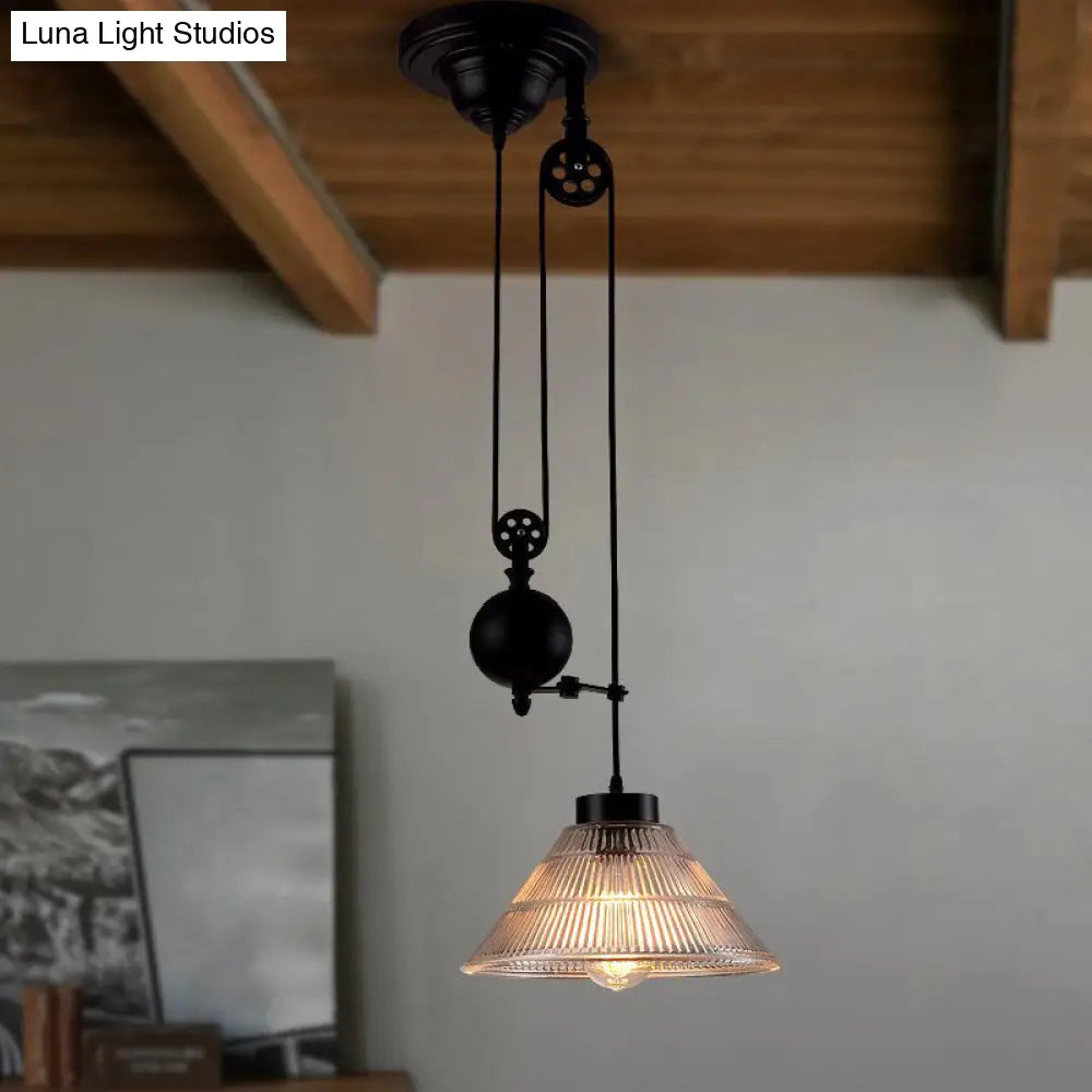 Industrial Black Pendant Lamp With Clear Glass Cone Shade And Pulley