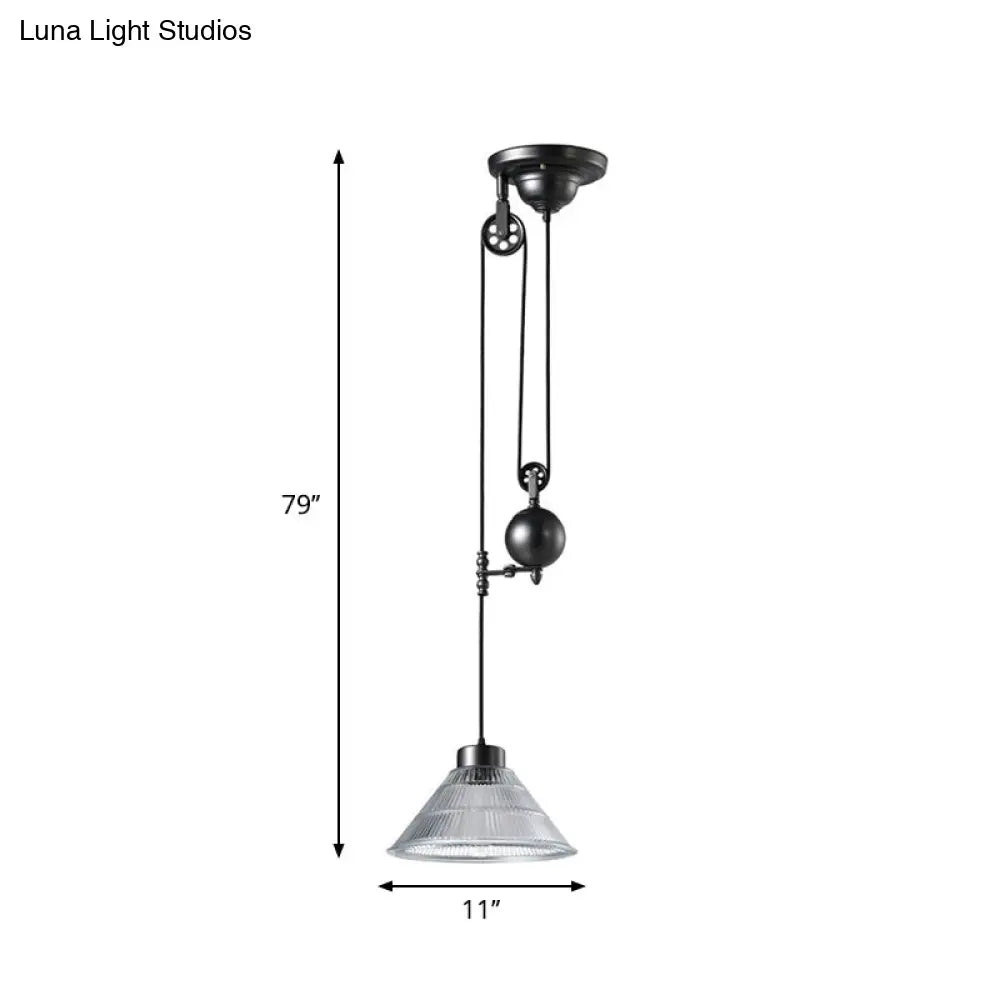 Industrial Black Pendant Lamp W/ Pulley - Clear Glass Cone Design Ceiling Hang Light