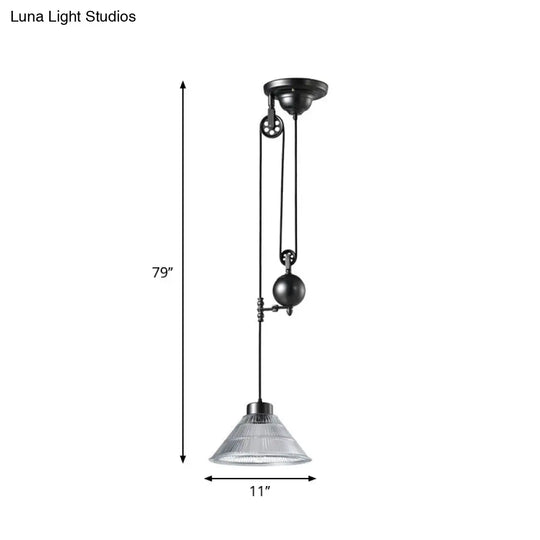 Industrial Black Pendant Lamp W/ Pulley - Clear Glass Cone Design Ceiling Hang Light