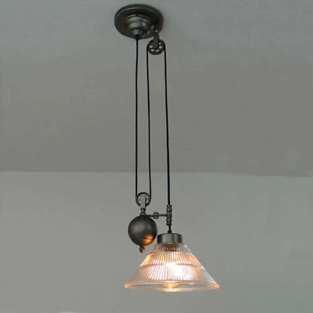 Industrial Black Pendant Lamp With Clear Glass Cone Shade And Pulley