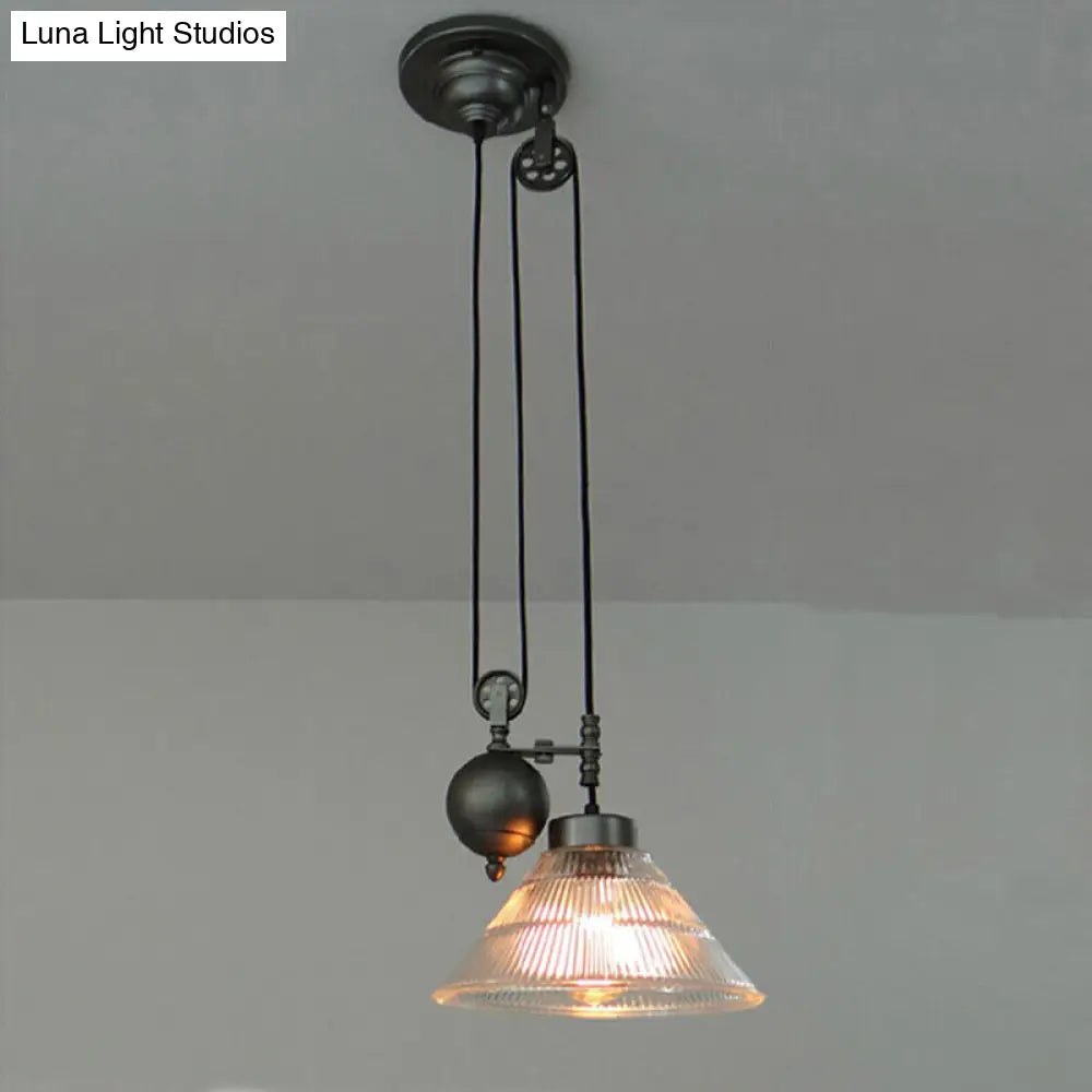 Industrial Black Pendant Lamp W/ Pulley - Clear Glass Cone Design Ceiling Hang Light