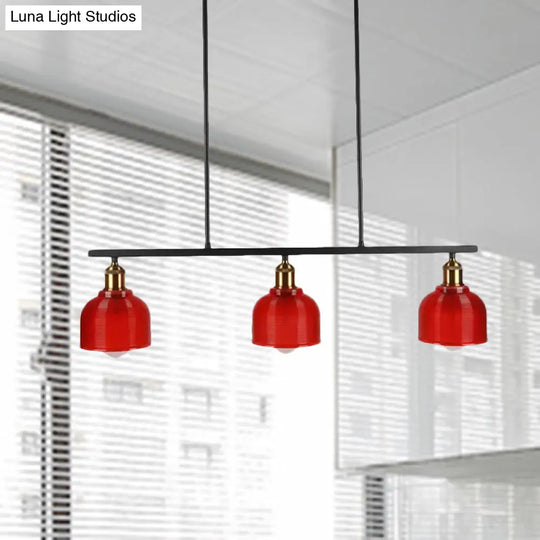 Industrial Black Pendant Lamp With Red/Yellow/Blue Glass Bowls 3-Light For Island Lighting