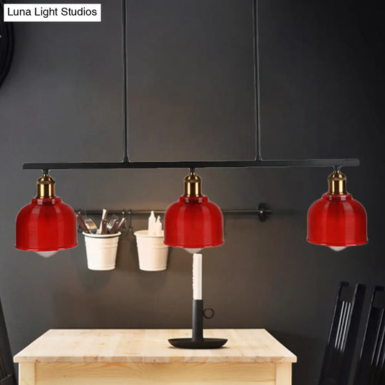 Industrial Black Pendant Lamp With Red/Yellow/Blue Glass Bowls 3-Light For Island Lighting