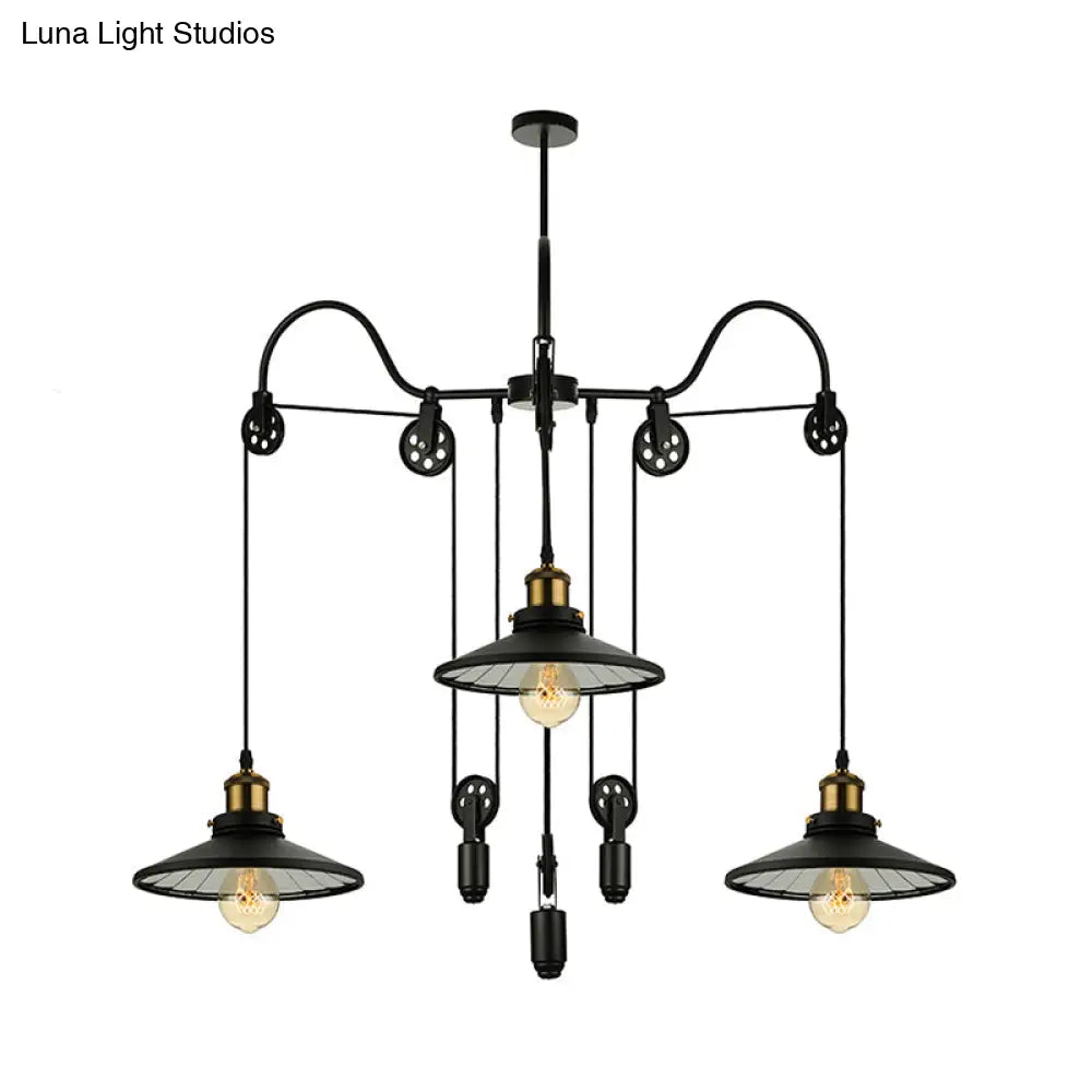 Industrial Black Pendant Light With 3 Metal Heads Pulley And Cord - Perfect For Living Room