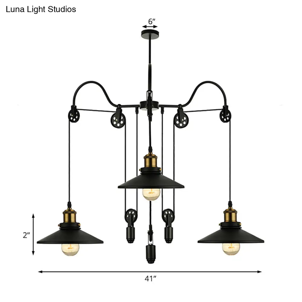 Industrial Black Pendant Light With 3 Metal Heads Pulley And Cord - Perfect For Living Room