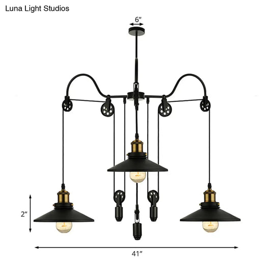 Industrial Black Pendant Light With 3 Metal Heads Pulley And Cord - Perfect For Living Room