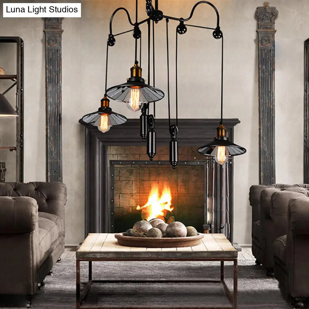 Industrial Flared Chandelier With Pulley And Cord - Black 3-Head Pendant Lamp For Living Room