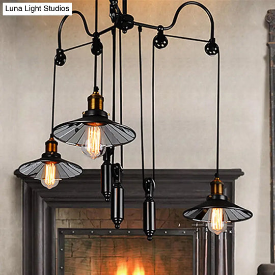 Industrial Flared Chandelier With Pulley And Cord - Black 3-Head Pendant Lamp For Living Room