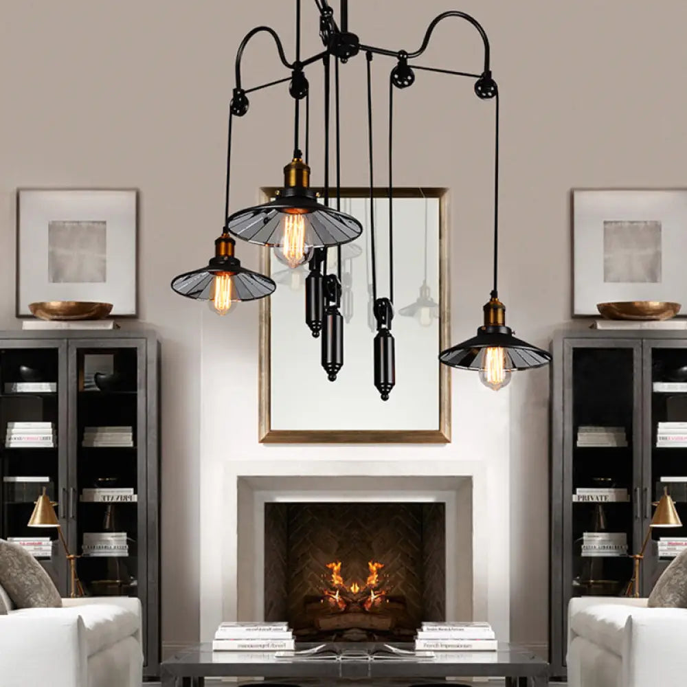 Industrial Black Pendant Light With 3 Metal Heads Pulley And Cord - Perfect For Living Room