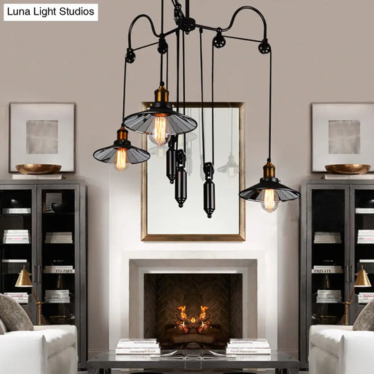 Industrial Flared Chandelier With Pulley And Cord - Black 3-Head Pendant Lamp For Living Room