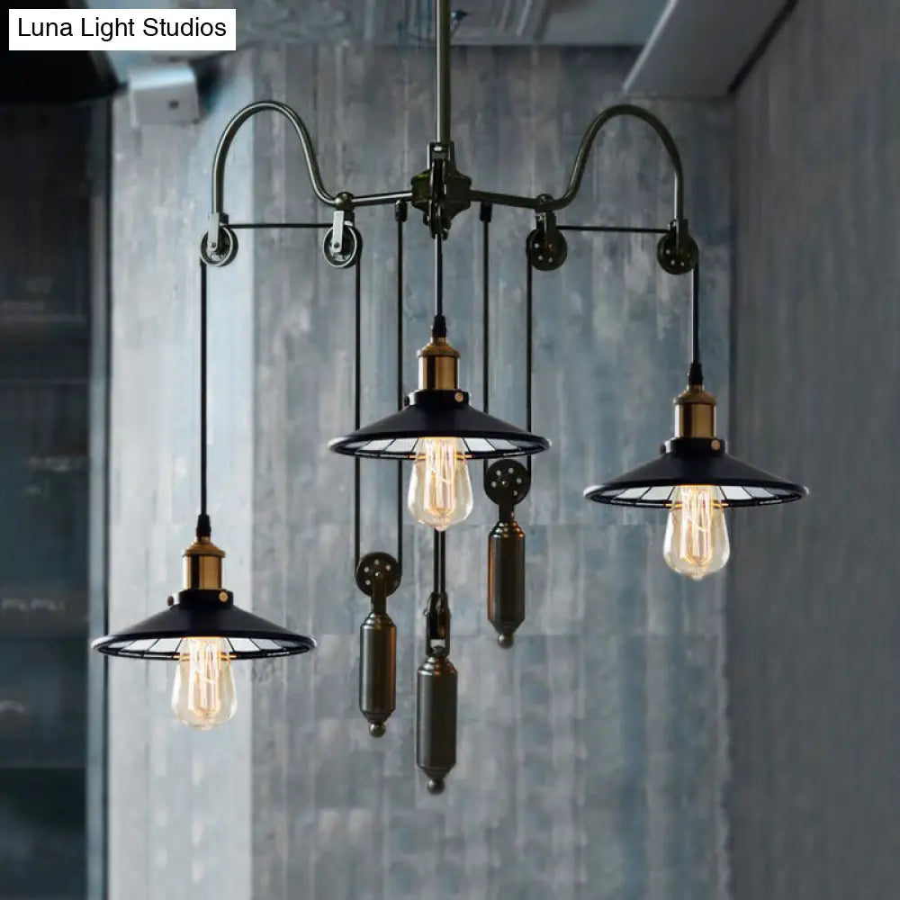 Industrial Flared Chandelier With Pulley And Cord - Black 3-Head Pendant Lamp For Living Room