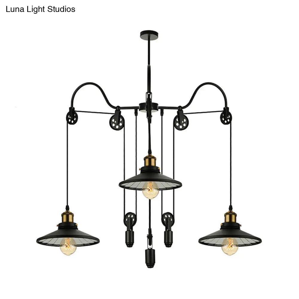 Industrial Flared Chandelier With Pulley And Cord - Black 3-Head Pendant Lamp For Living Room