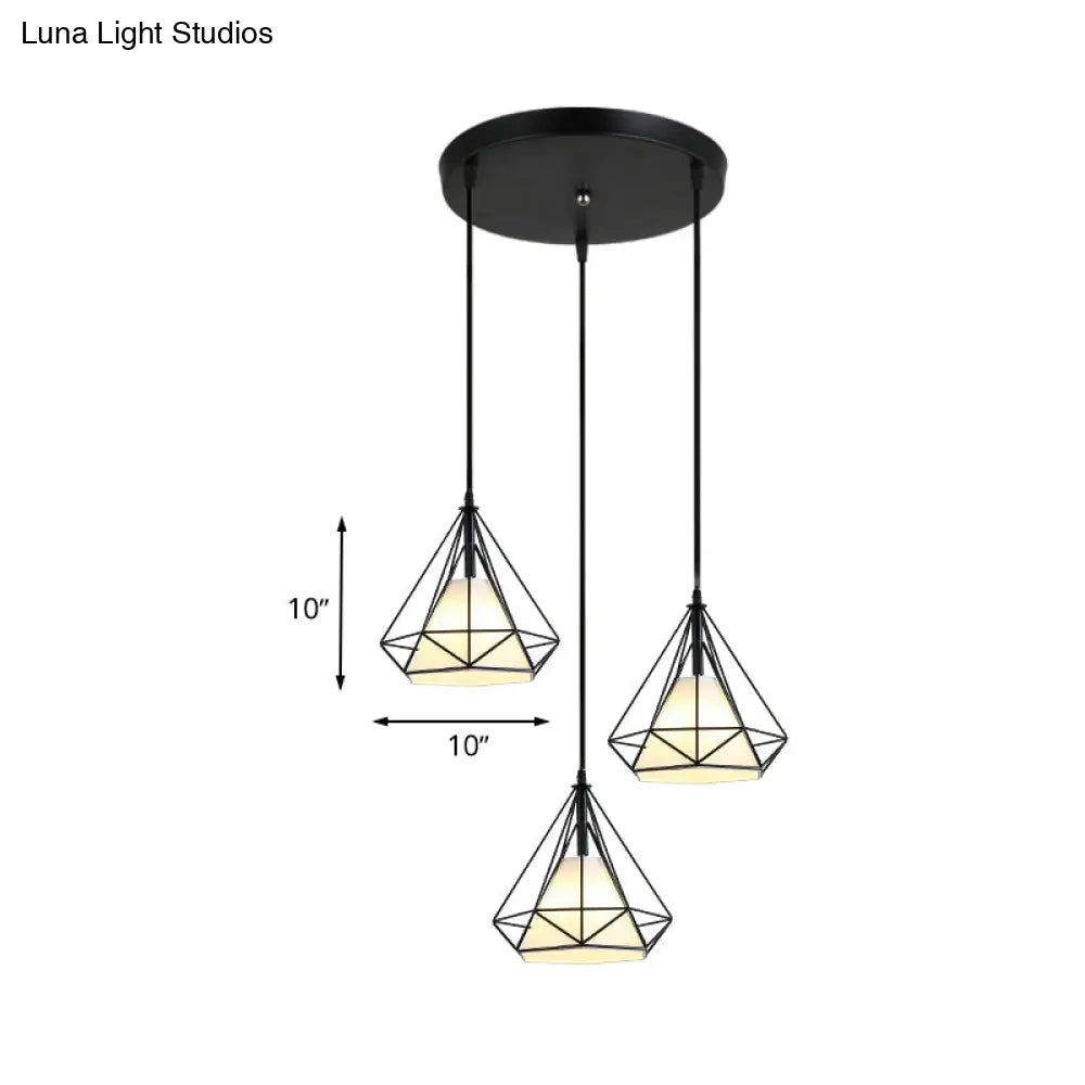 Industrial Black Pendant Light With Diamond Cage Shade - Hanging Ceiling Lamp For Dining Room 3