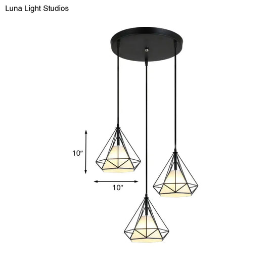 Industrial Black Pendant Light With Diamond Cage Shade - Hanging Ceiling Lamp For Dining Room 3