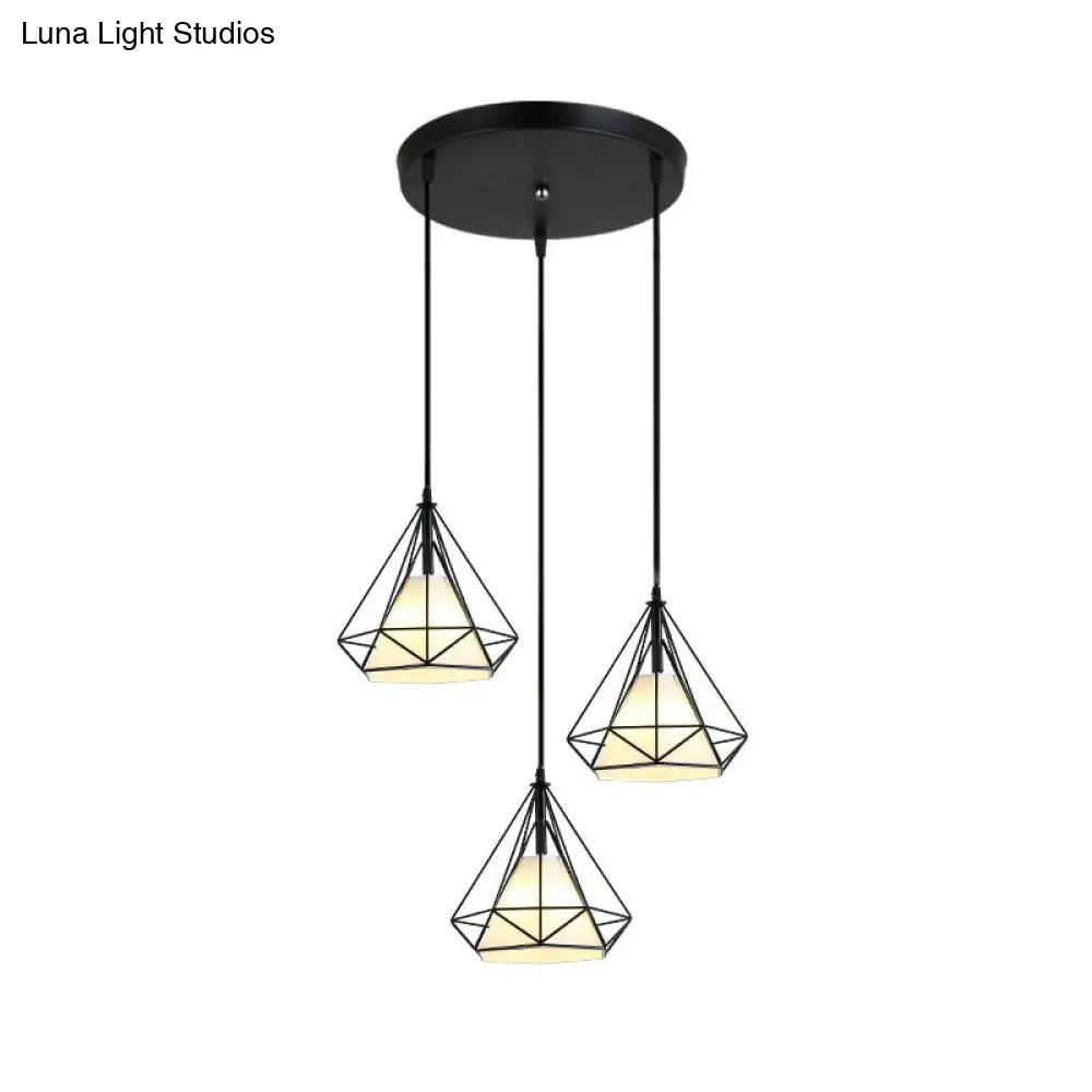 Industrial Black Pendant Light With Diamond Cage Shade For Dining Room