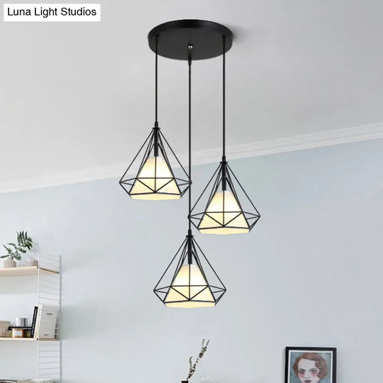 Industrial Black Pendant Light With Diamond Cage Shade - Hanging Ceiling Lamp For Dining Room 3