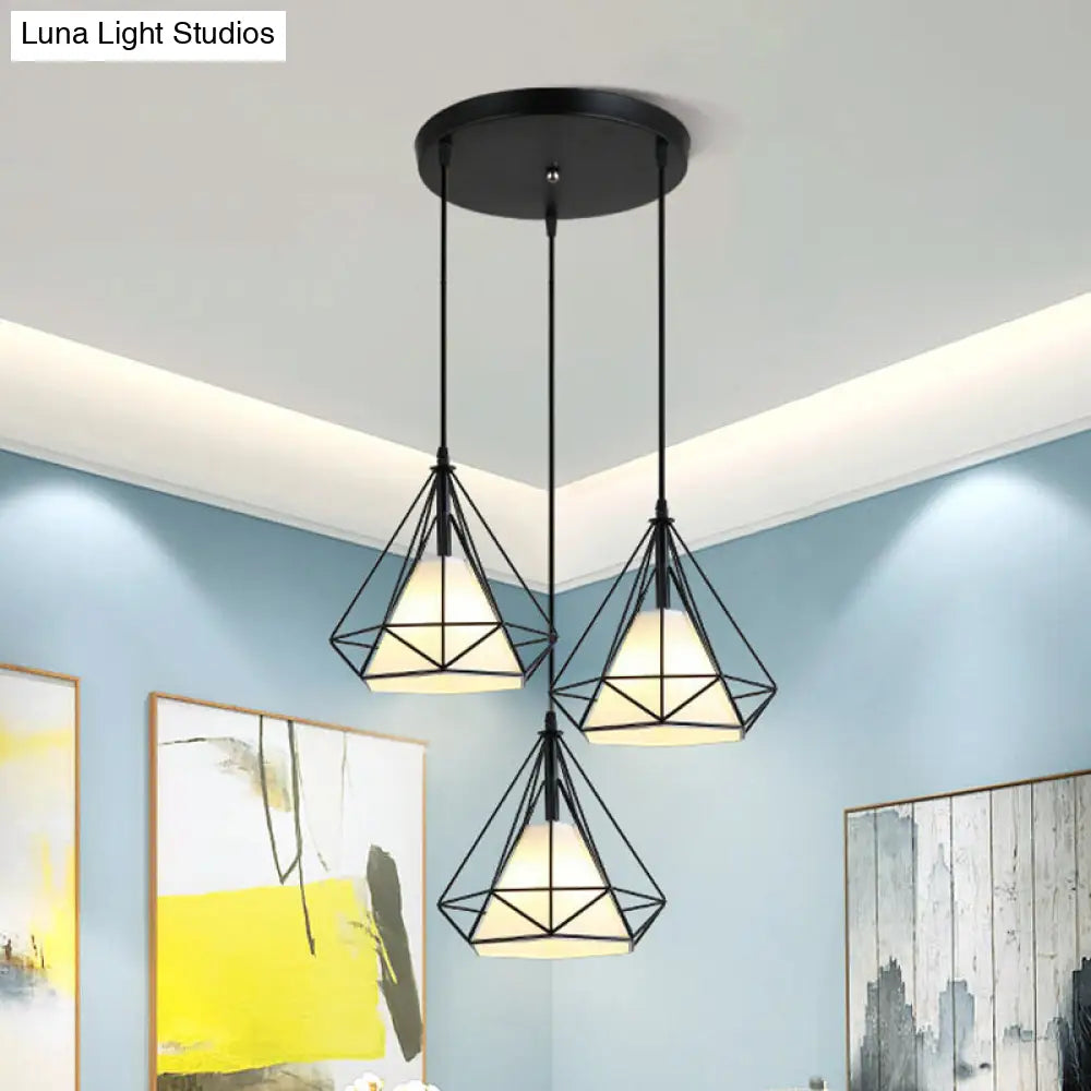 Industrial Black Pendant Light With Diamond Cage Shade For Dining Room / Round Canopy