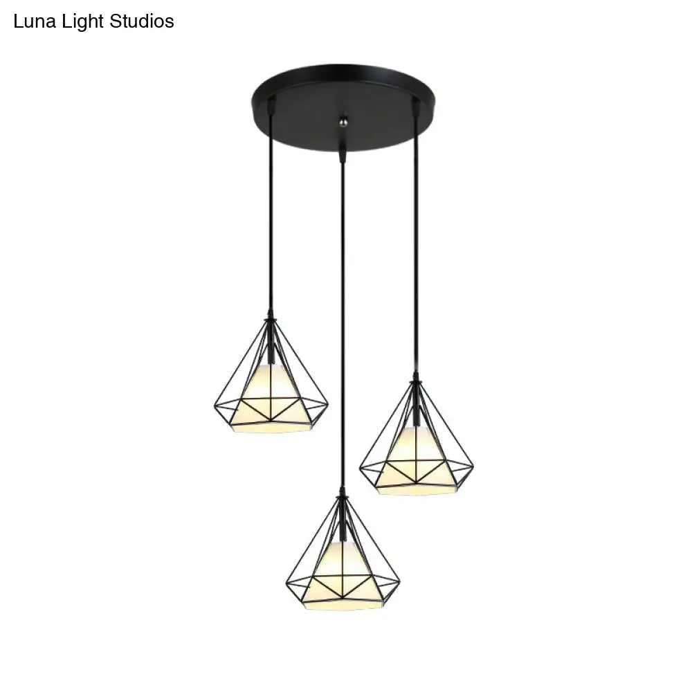 Industrial Black Pendant Light With Diamond Cage Shade - Hanging Ceiling Lamp For Dining Room 3