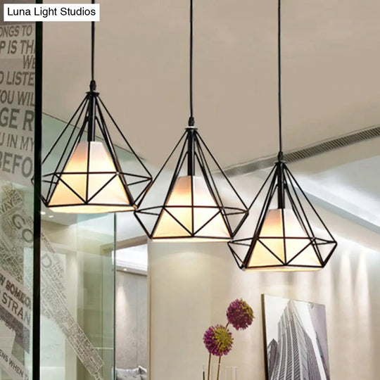 Industrial Black Pendant Light With Diamond Cage Shade For Dining Room / Linear Canopy